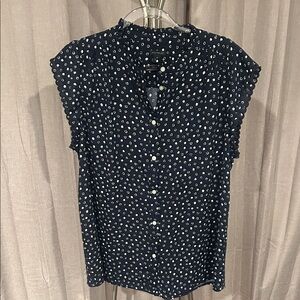 Ann Taylor Navy and White Polka Dot Ruffle Cap-Sleeve Blouse